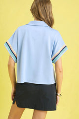 Umgee Contrast Trim Half Zip Collared Blouse OutfitFlow
