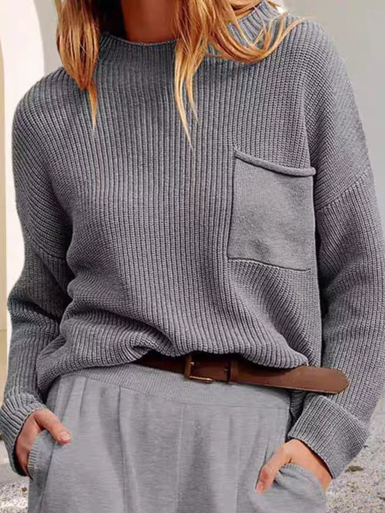 Pocket Detail Dropped Shoulder Sweater Gray One Size OutfitFlow