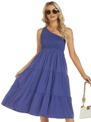 One-Shoulder Tiered Midi Dress with Smocked Bodice OutfitFlow