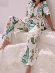 Printed Button Up Shirt and Pants Set OutfitFlow