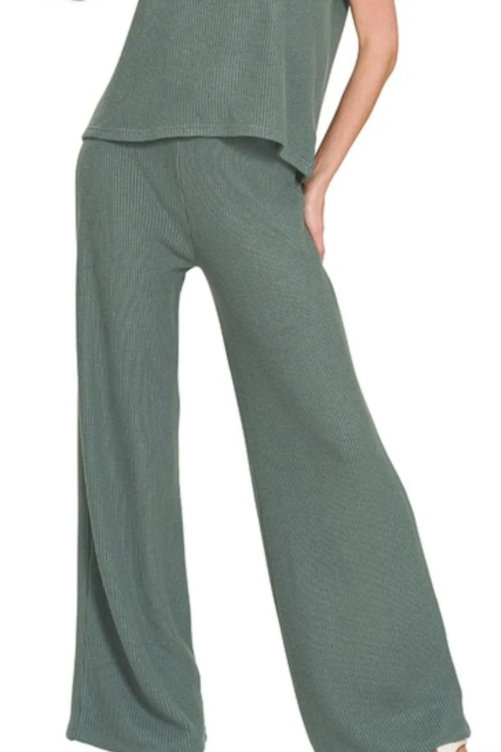 Zenana Rolled Sleeve Top and Pants Sweater Set OutfitFlow