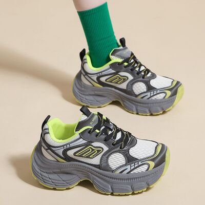 Letter Lace-Up Round Toe Athletic Shoes Neon Yellow OutfitFlow