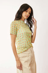Davi & Dani Checker Board Printed Mesh Short Sleeve Top OutfitFlow