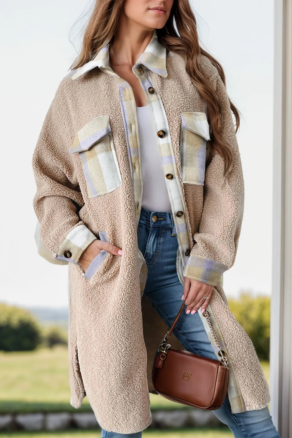 Slit Plaid Button Down Long Sleeve Coat Tan Trendsi