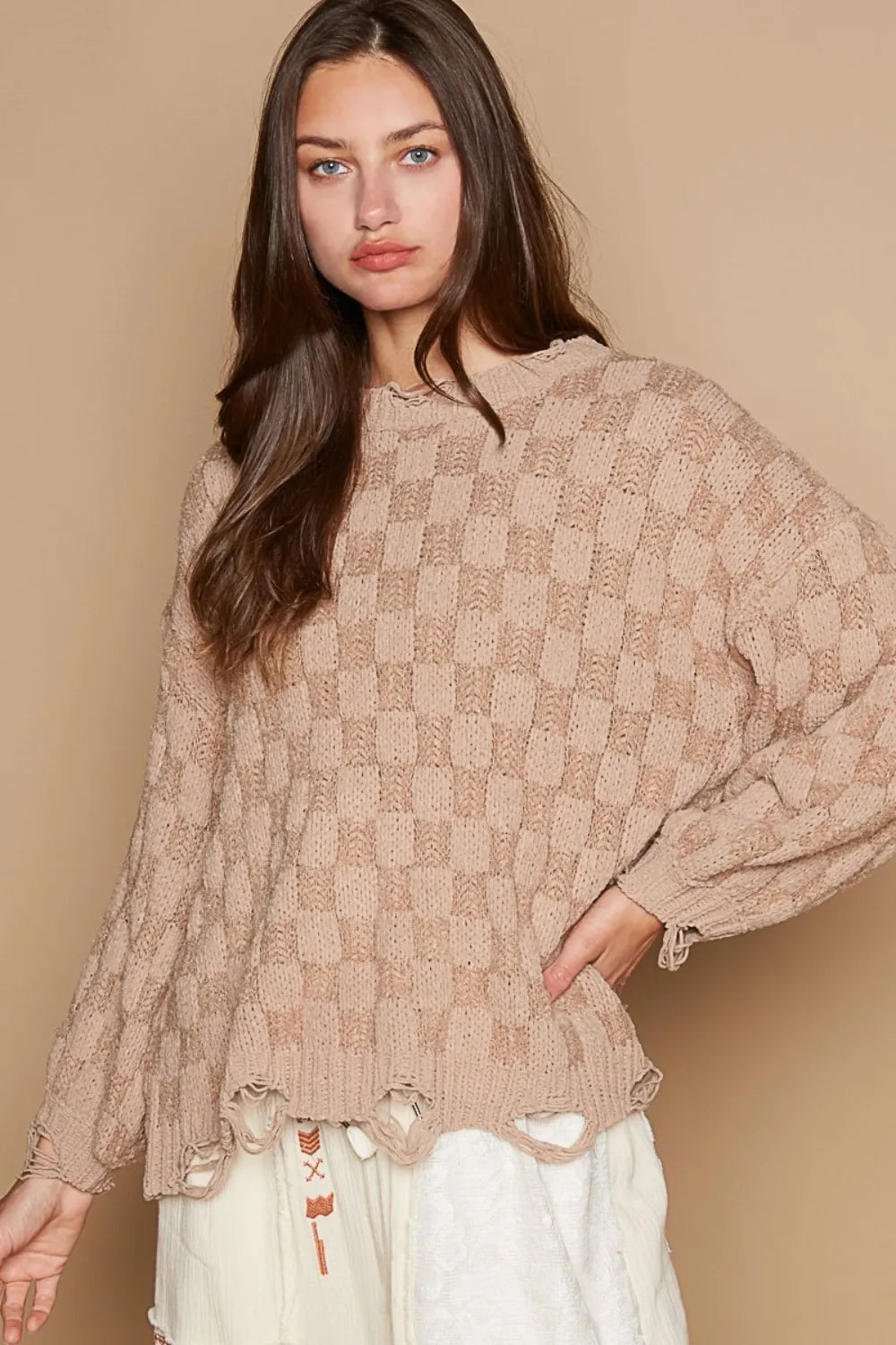 POL Checkered Distressed Edge Sweater Mocha Beige Trendsi