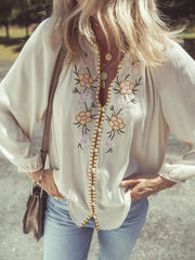 Floral Embroidered Textured Puff Sleeve Loose Shirt OutfitFlow