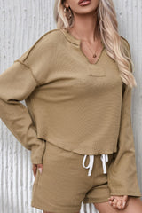 Outfit Flow - Exposed Seam Long Sleeve Top and Drawstring Shorts Set