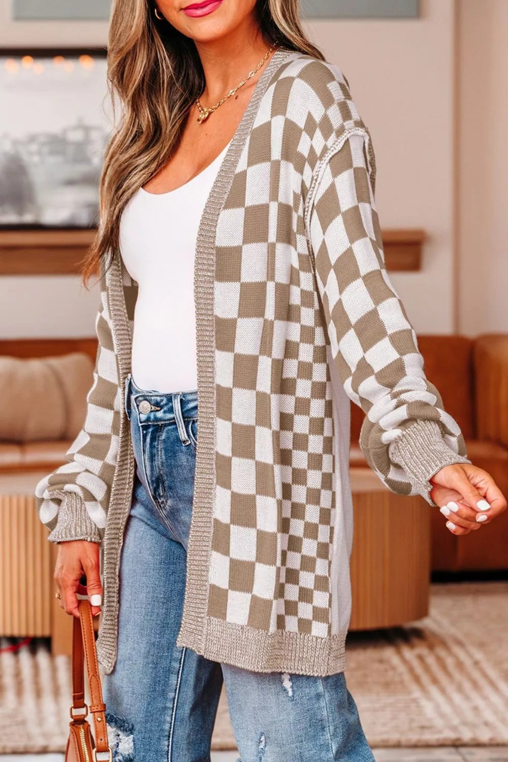 Checkerboard Print Open Front Knit Cardigan OutfitFlow