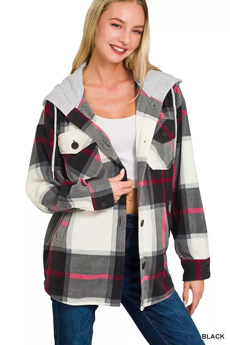 Zenana Plaid Drawstring Hooded Fleece Shacket OutfitFlow