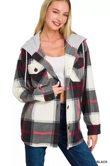Zenana Plaid Drawstring Hooded Fleece Shacket OutfitFlow