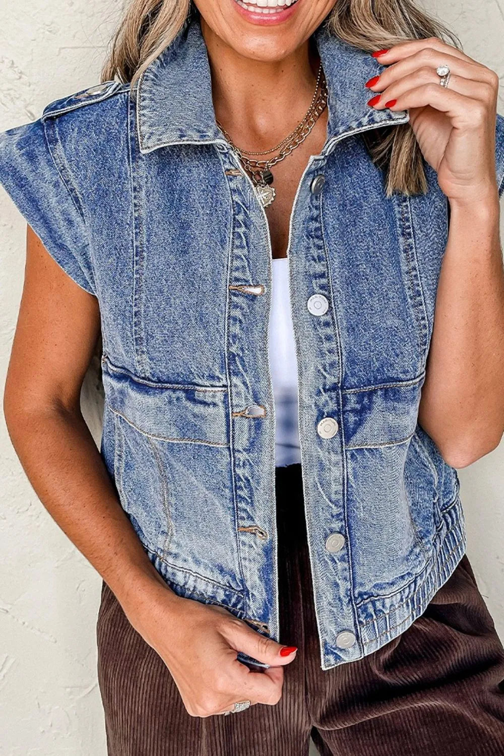 Button Up Cap Sleeve Denim Jacket OutfitFlow