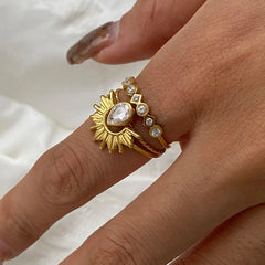3 Piece Stainless Steel Rhinestone Sunburst Crown Ring Gold One Size OutfitFlow
