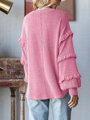 Ruffle Trim Long Sleeve Ribbed Top OutfitFlow