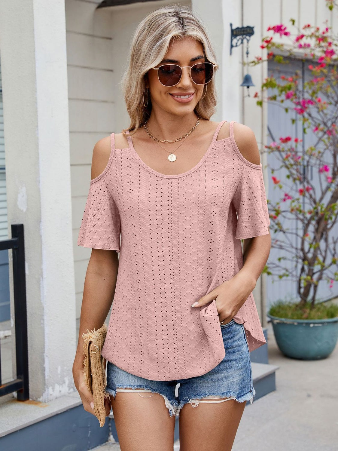 Florira Round Neck Cold Shoulder Eyelet T-Shirt OutfitFlow