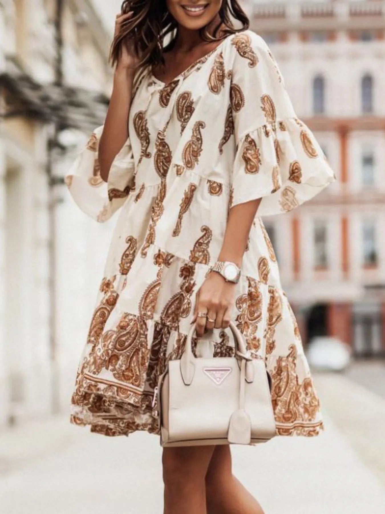 Paisley Print Tie Neck Half Sleeve Mini Dress Apricot OutfitFlow