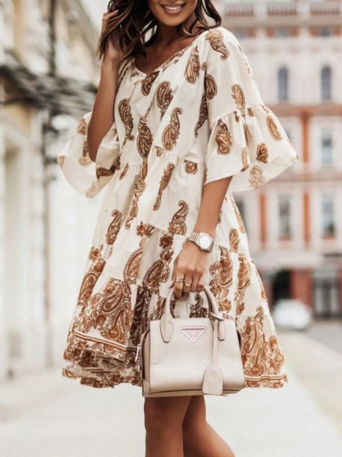 Paisley Print Tie Neck Half Sleeve Mini Dress Apricot OutfitFlow