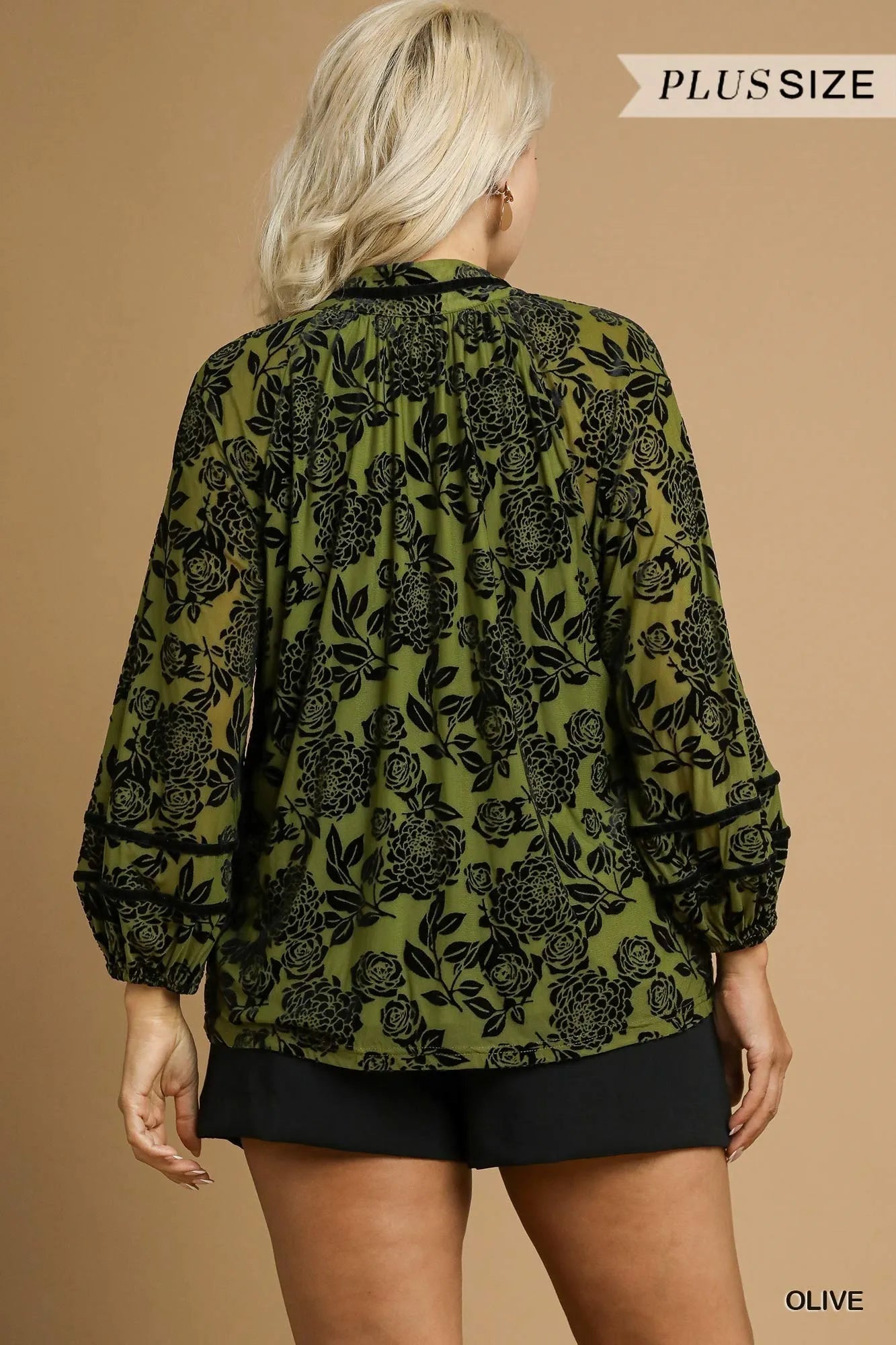 Umgee Full Size Floral Velvet Blouse with Balloon Sleeves Plus Size Trendsi