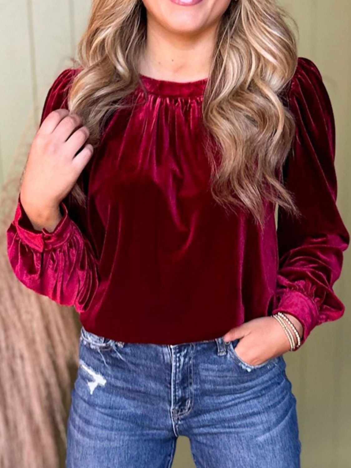 Outfit Flow - Ruched Round Neck Long Sleeve Blouse