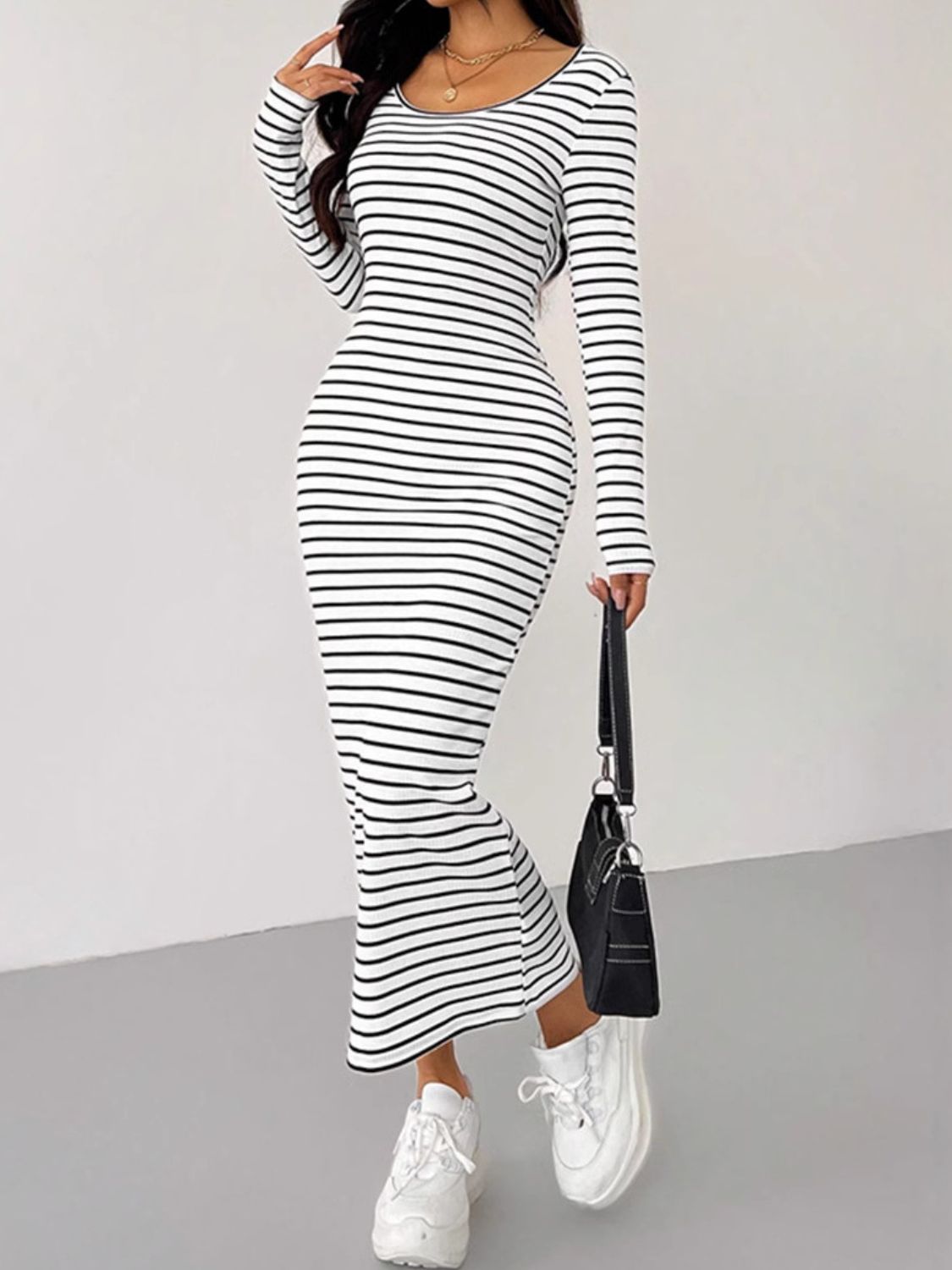 Outfit Flow - Striped Scoop Neck Long Sleeve Midi Tee Dress