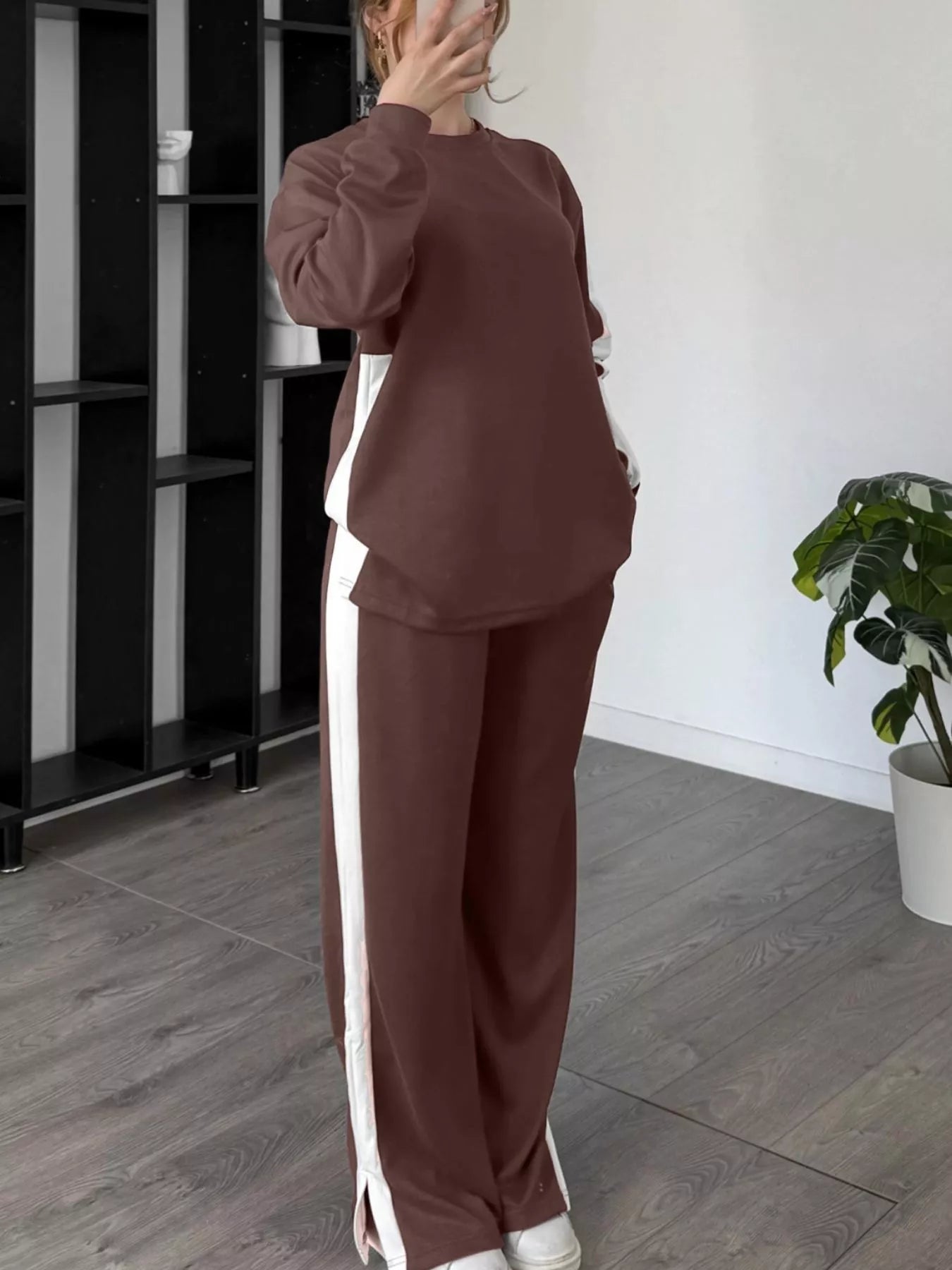 Full Size Contrast Round Neck Top and Pants Set Plus Size Dark Brown OutfitFlow