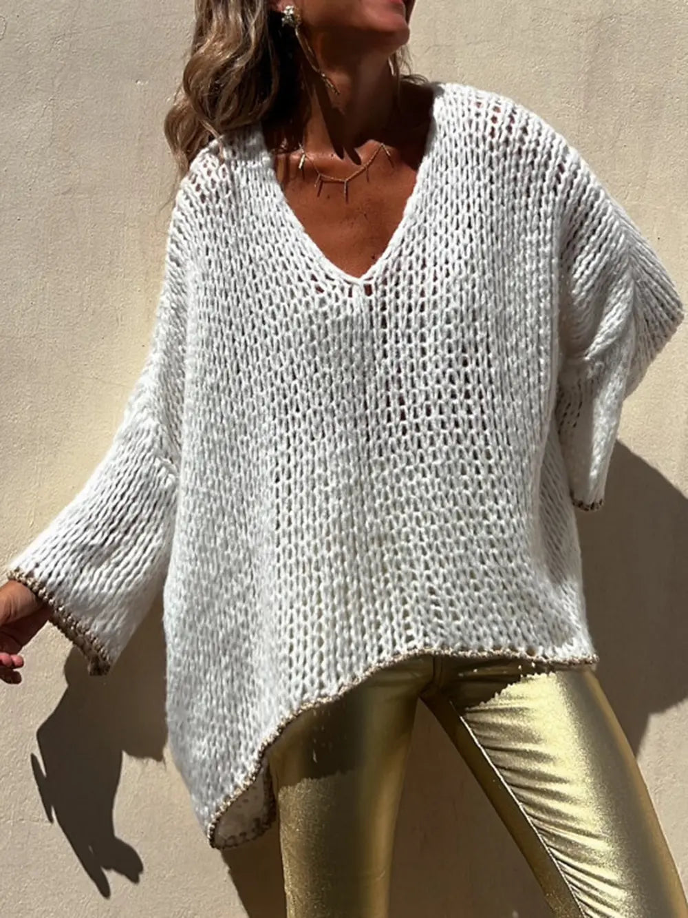 Contrast V-Neck Long Sleeve Sweater OutfitFlow