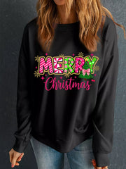 MERRY Christmas Letter Graphic Drop Shoulder Sweatshirt Black OutfitFlow