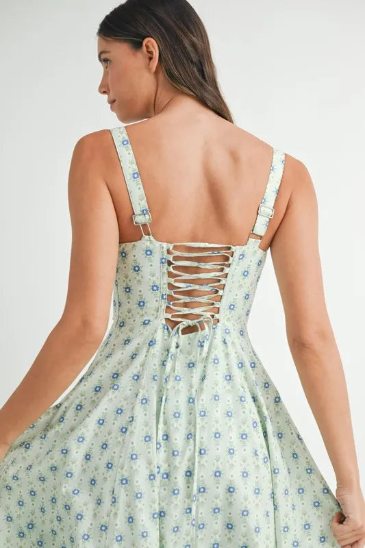 MABLE Floral Print Bustier Back Lace Up Midi Dress OutfitFlow