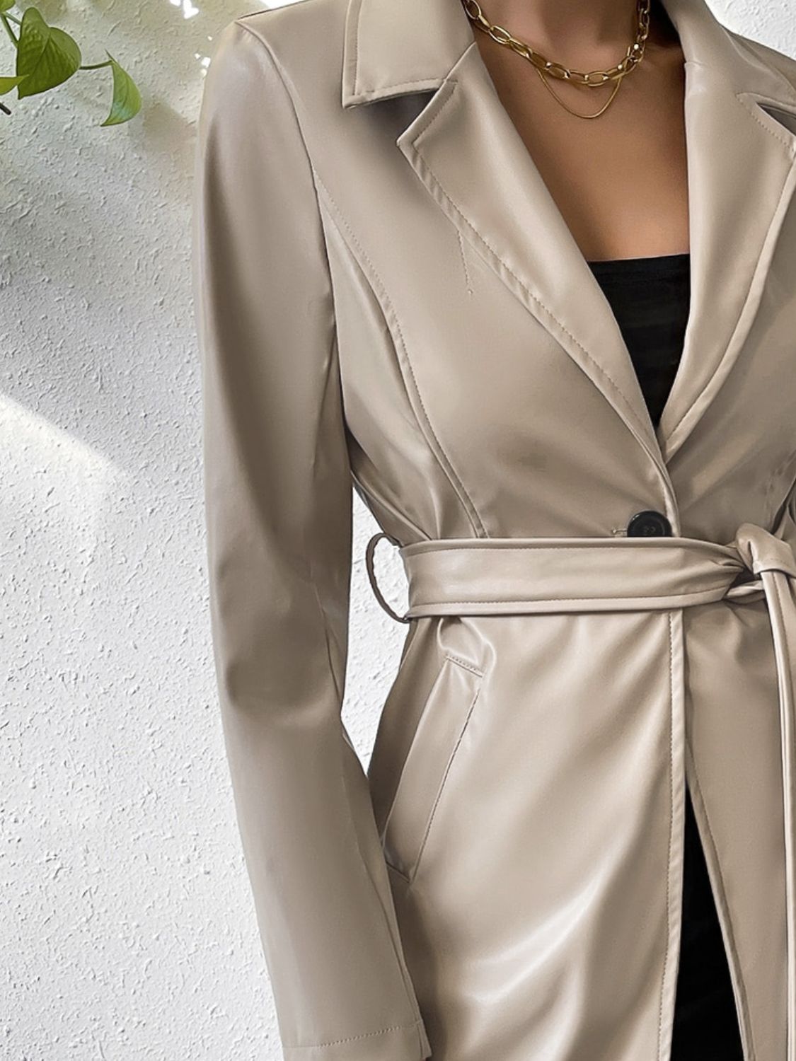 Outfit Flow - Tied PU Leather Long Sleeve Trench Coat