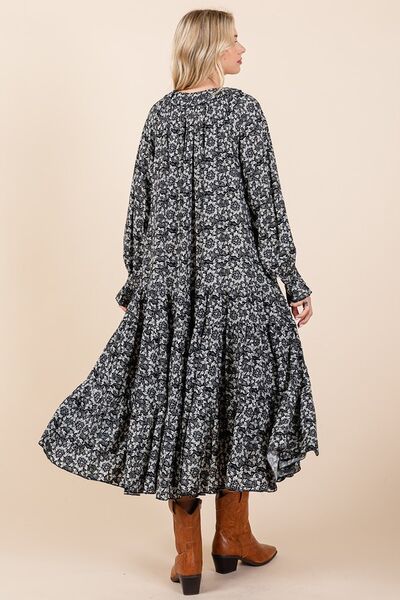 Mittoshop Printed Tie Neck Flounce Sleeve Midi Dress OutfitFlow