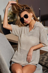 BiBi Short Sleeve Collared Knit Top OutfitFlow