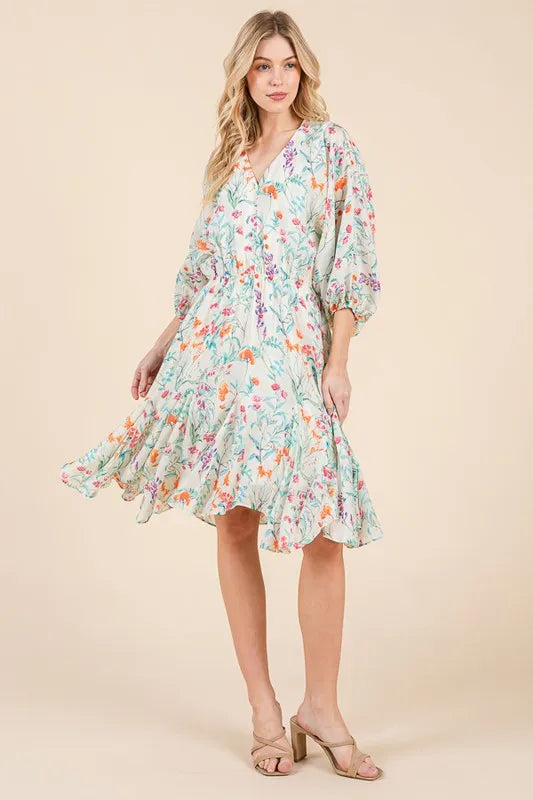 Lime 'N' Chili Floral Cinched Waist Balloon Sleeve V-Neck Dress OutfitFlow