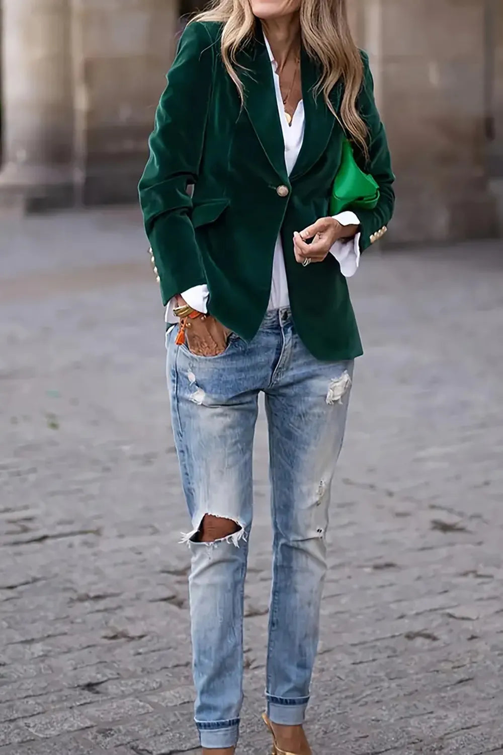 One Button Lapel Collar Long Sleeve Blazer Trendsi