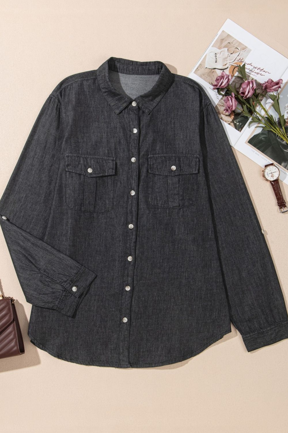 Pocketed Collared Neck Long Sleeve Denim Top OutfitFlow