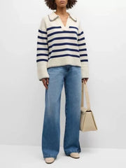 Striped Johnny Collar Sweater OutfitFlow