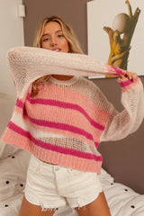 BiBi Hollow Out Yoke Detail Striped Sweater IVORY BLUSH FUCHSIA OutfitFlow