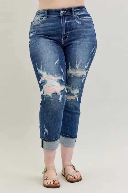Judy Blue Full Size Mid Rise Cuffed Destroy Bf Jeans Plus Size OutfitFlow