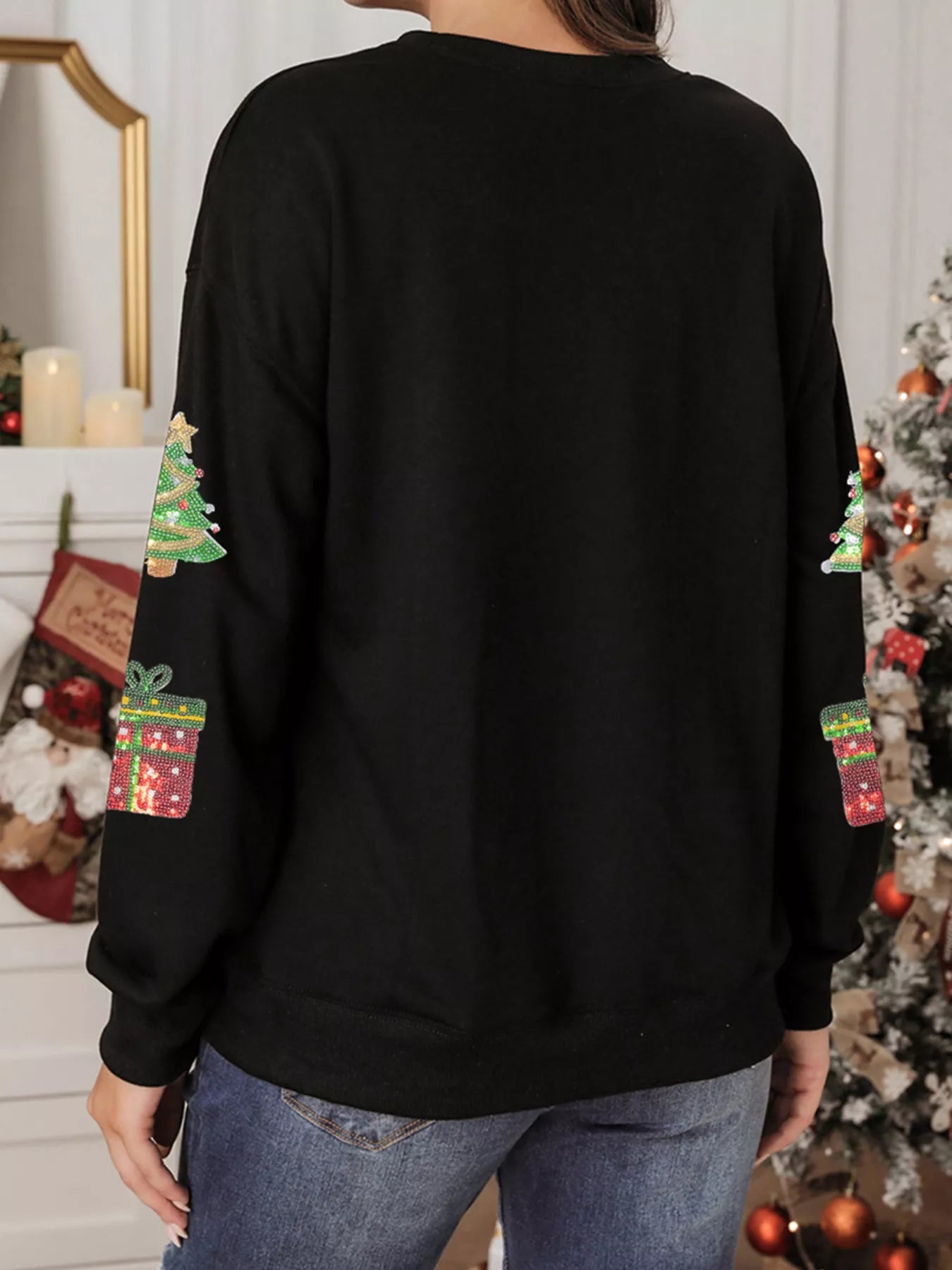 Sequin Christmas Trees Gifts Patched Drop Shoulder Sweatshirt OutfitFlow