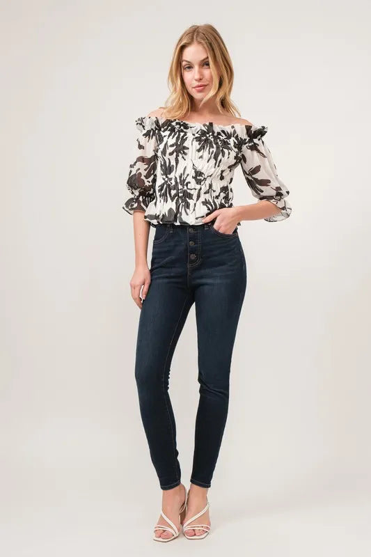 And The Why Smocked Off-Shoulder Floral Printed Top OutfitFlow