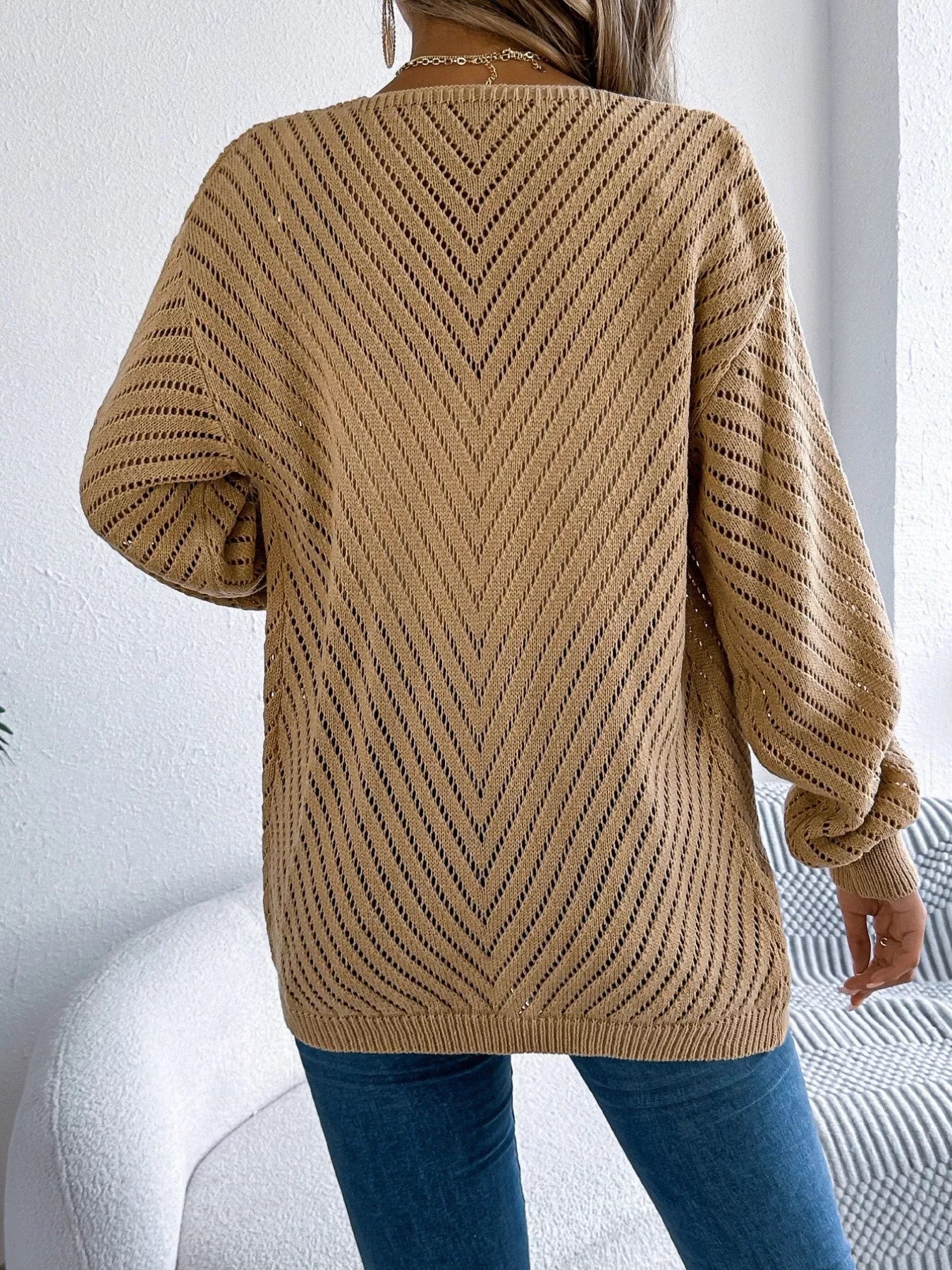 Openwork Open-Front Long Sleeve Cardigan OutfitFlow