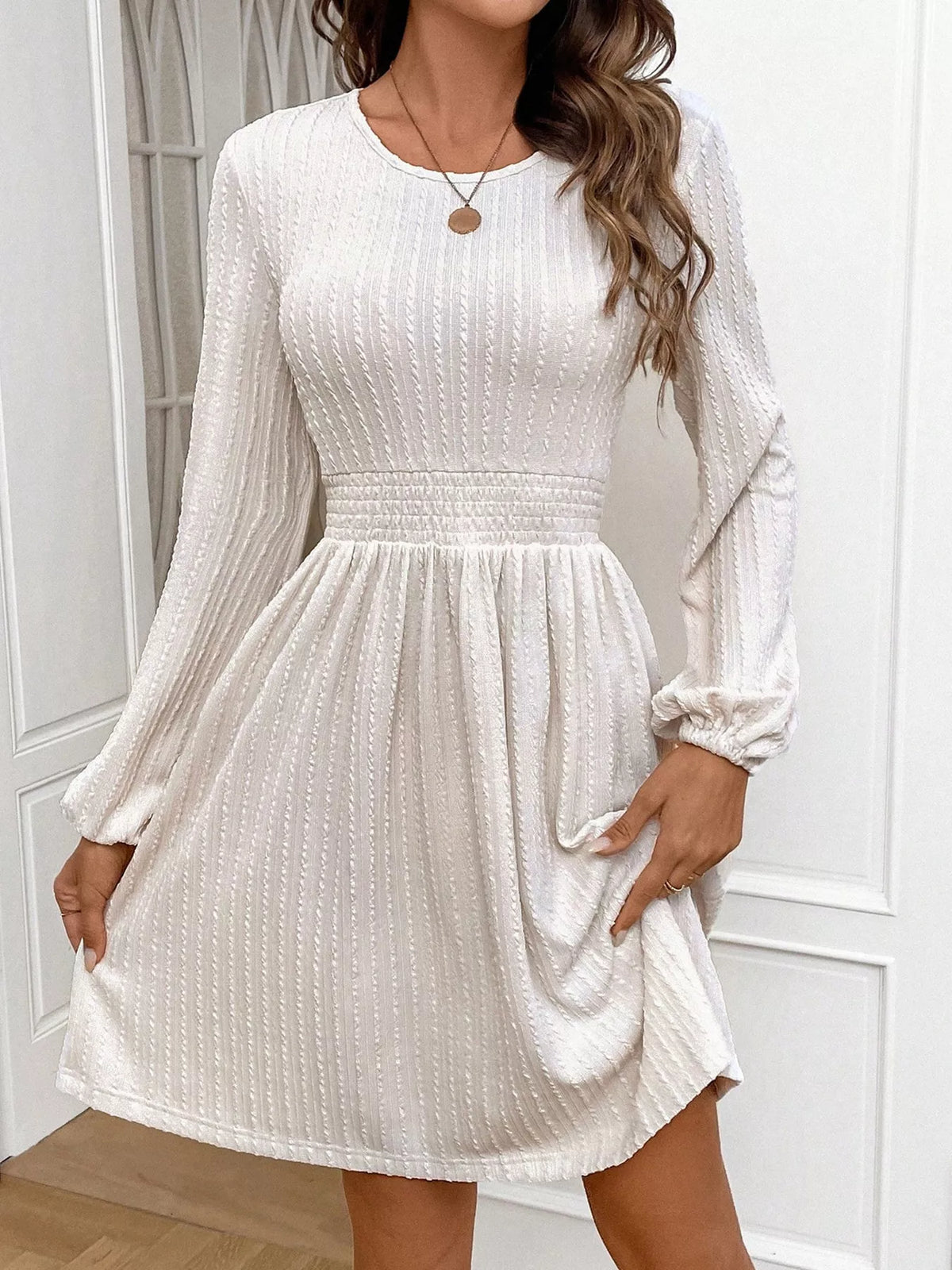 Textured Long Sleeve Mini Dress Beige OutfitFlow