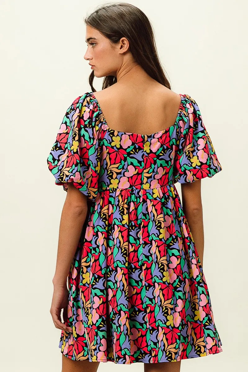 BiBi Floral Print Puff Square Neck Dress OutfitFlow