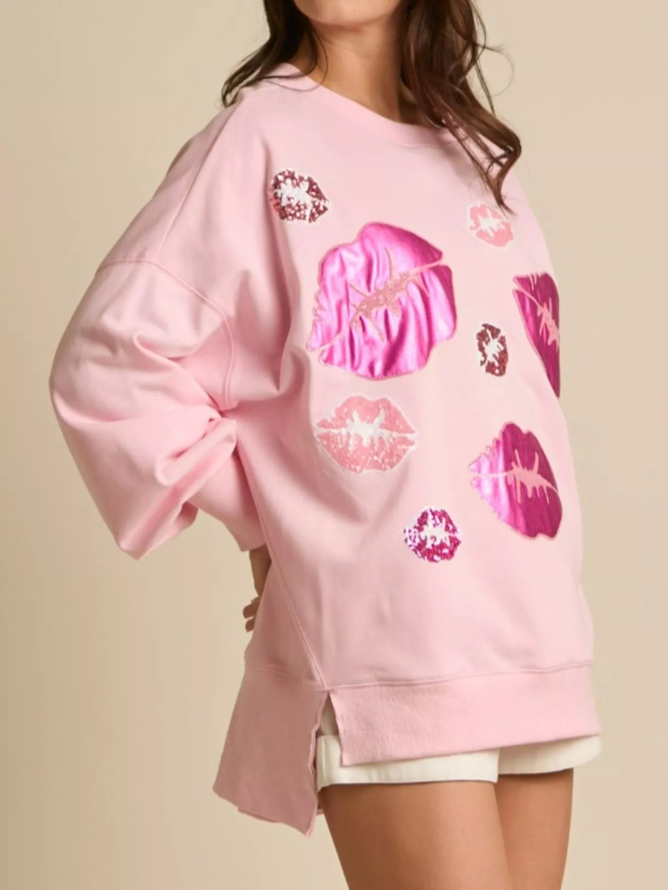 Lips Round Neck Dropped Shoulder Sweatshirt OutfitFlow