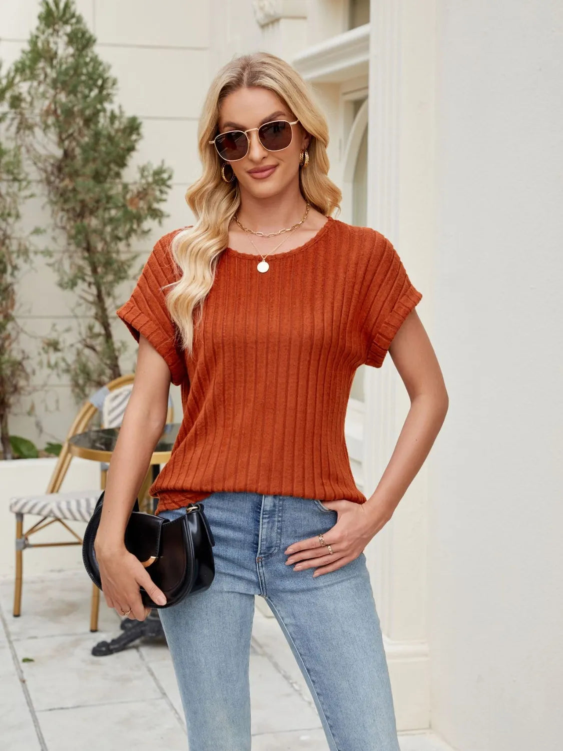 Round Neck Short Sleeve T-Shirt Rust OutfitFlow