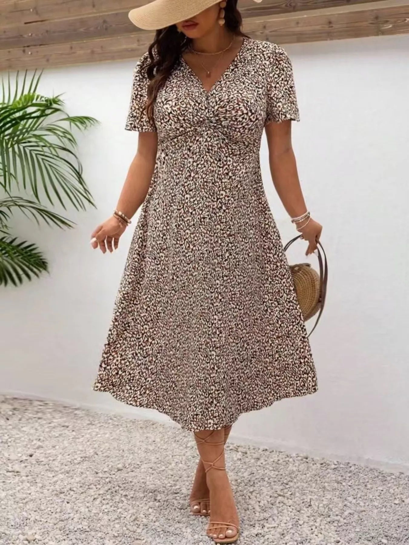 Plus Size Printed V-Neck Short Sleeve Midi Dress Coffee Brown OutfitFlow