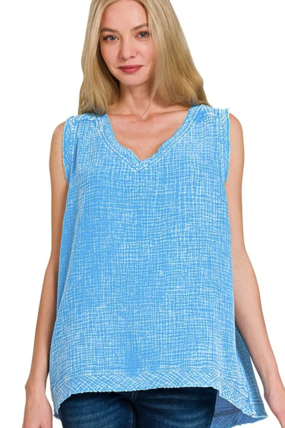 Zenana Double Gauze Raw Edge Acid Washed Tank DEEP SKY OutfitFlow