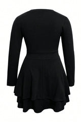 Plus Size Layered V-Neck Long Sleeve Mini Dress OutfitFlow