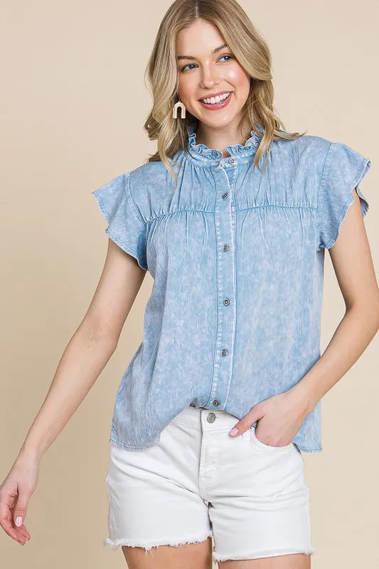 Lime 'N' Chili Mineral Wash Flutter Sleeve Button Down Shirt OutfitFlow