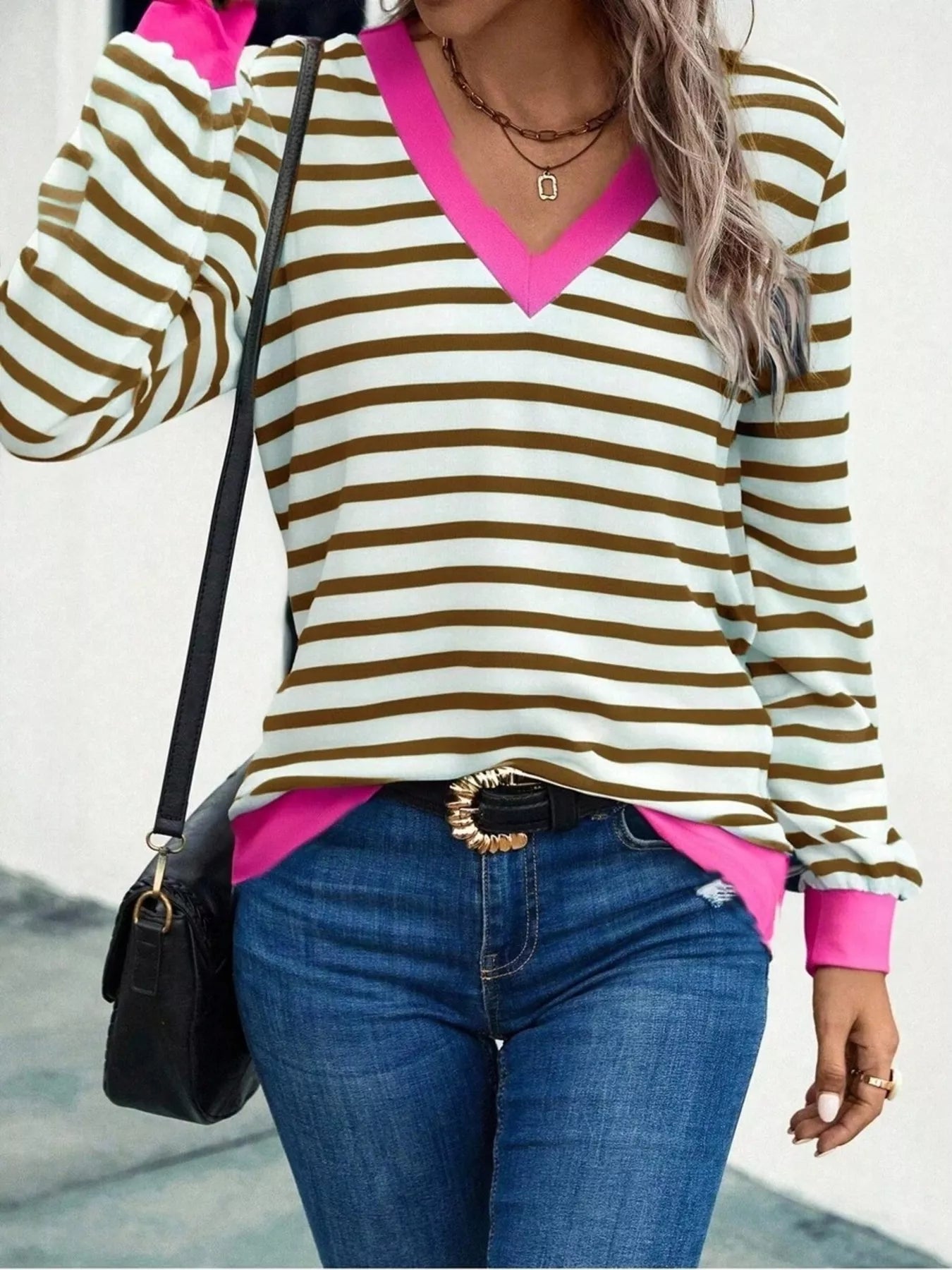 Striped V-Neck Long Sleeve T-Shirt Khaki OutfitFlow