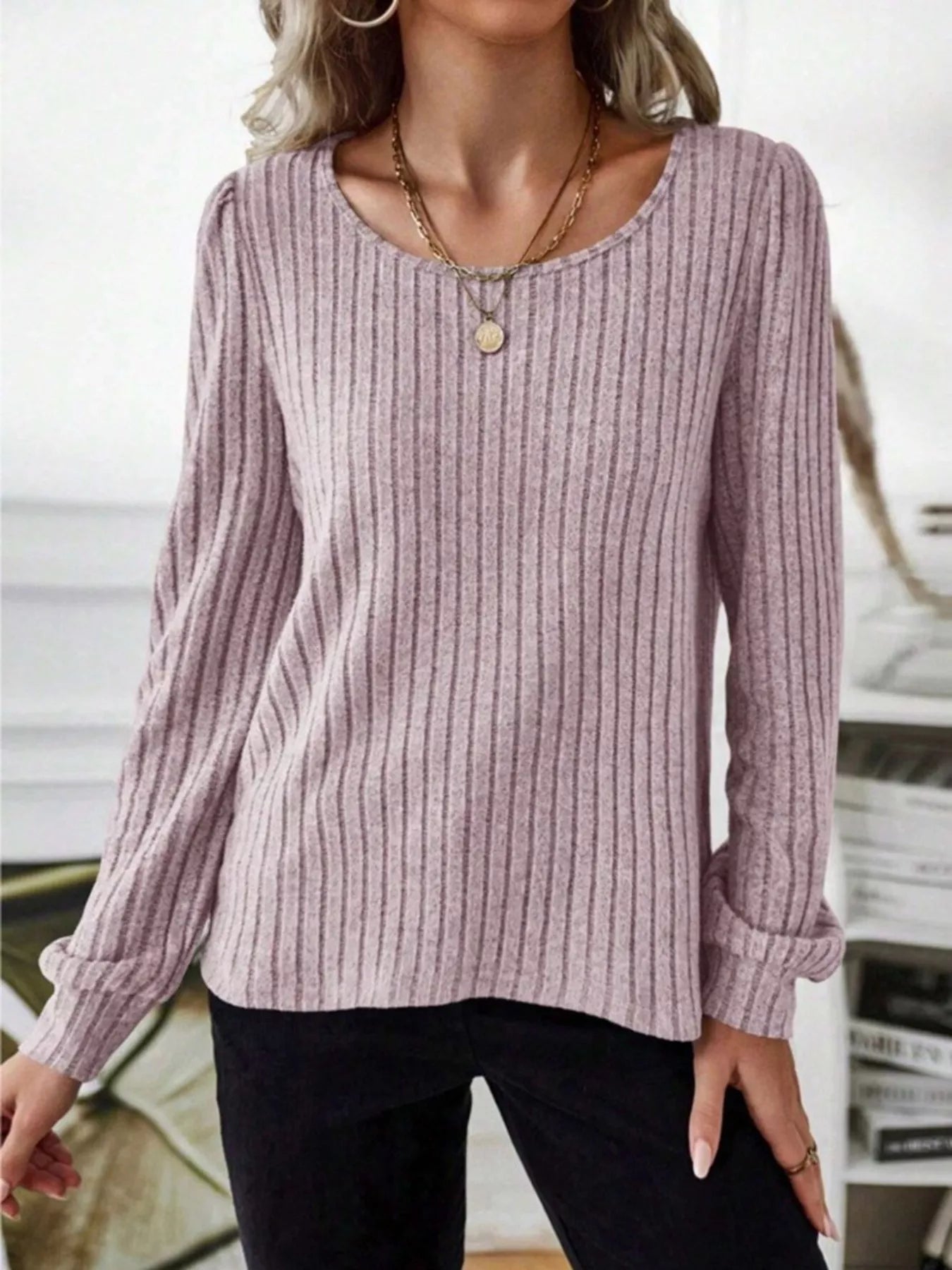 Ribbed Knit Long Sleeve T-Shirt OutfitFlow