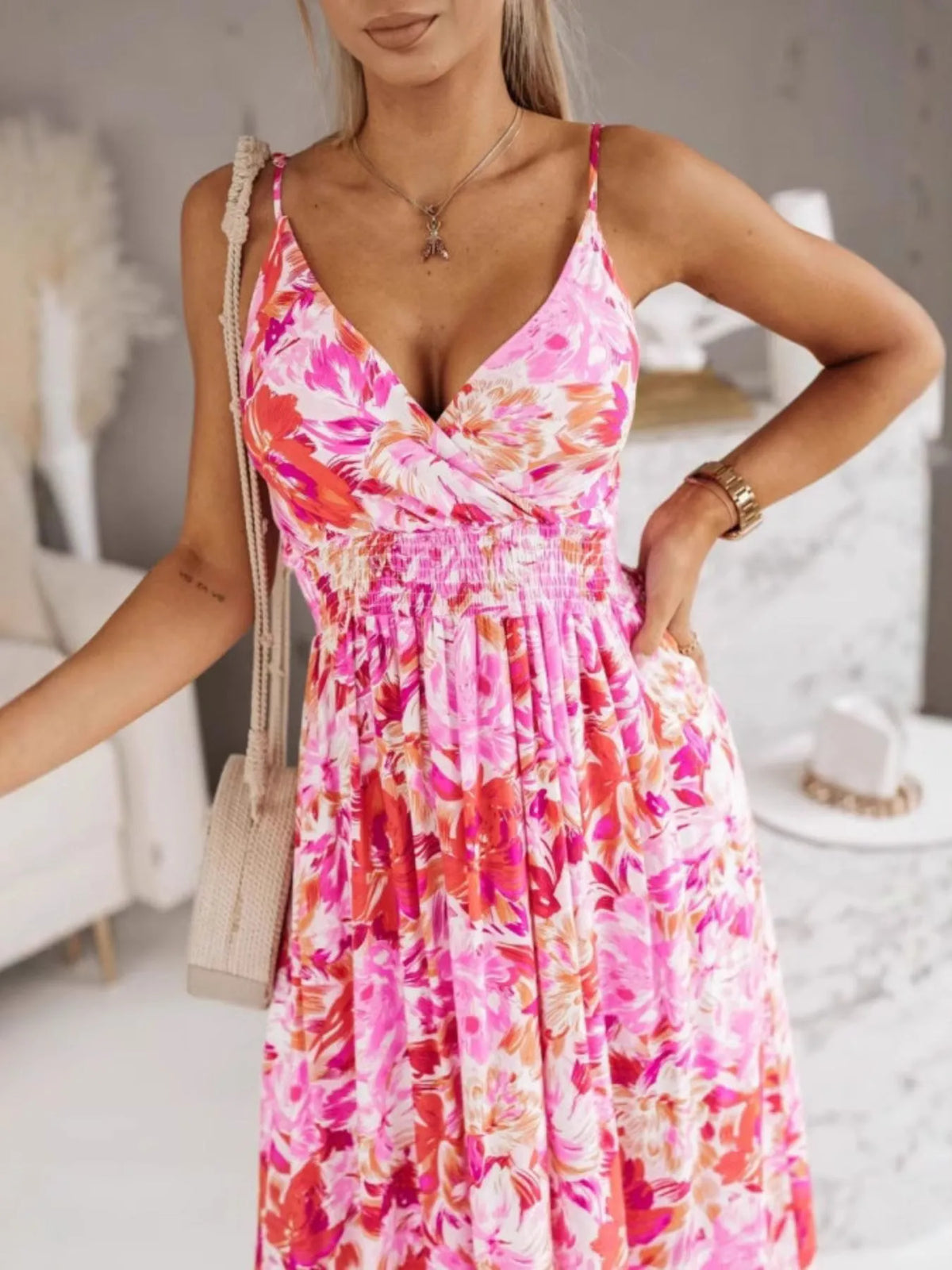 Printed Spaghetti Strap Maxi Dress Pink OutfitFlow